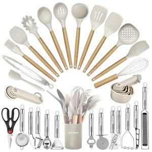 Kitchen Utensils Set- 35 PCs Cooking Utensils with Grater,Tongs, Spoon Spatula &Turner Made of Heat Resistant Food Grade Silicone and Wooden Handles Kitchen Gadgets Tools Set for Nonstick Cookware