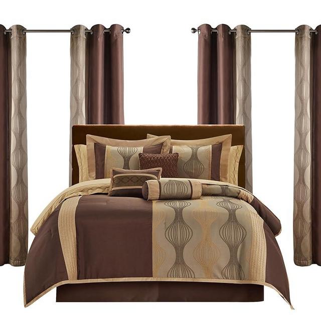 LANCO MODERN LIFESTYLE King Comforter Set, Brown Gold, 15 Pieces Room in a Bag, Ultra Soft Jacquard with Patchwork, Luxury Bed Set with Sheets, Curtains, Bed Skirt, Pillow Shams, Cases and Pillows