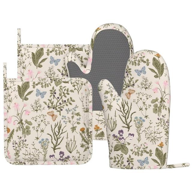 MIFSOIAVV Vintage Wildflower Herbs Floral Rustic Butterfly Oven Mitts and Pot Holders Sets Silicone Kitchen Mitts Potholders Heat Resistant 4Pcs Oven Gloves Hot Pads for Kitchen Baking Cooking