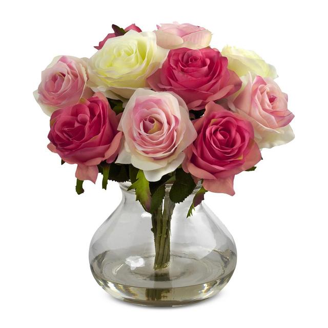 Nearly Natural Pink Rose Arrangement with Vase