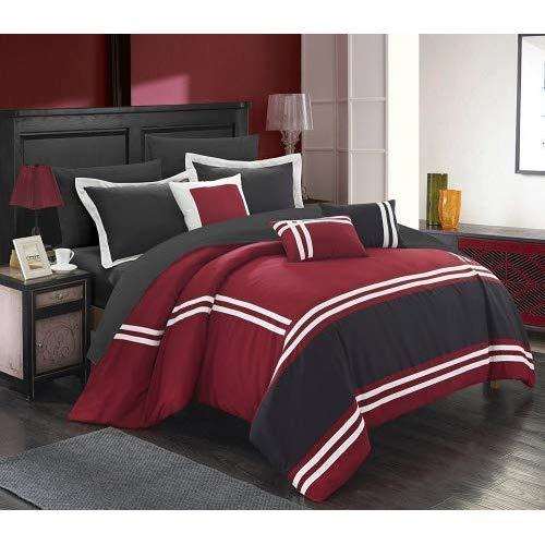 Chic Home Zarah 10 Piece Comforter Set Complete Bed in a Bag Pieced Color Block Banding Bedding with Sheet Set and Decorative Pillows Shams Included, Queen Red