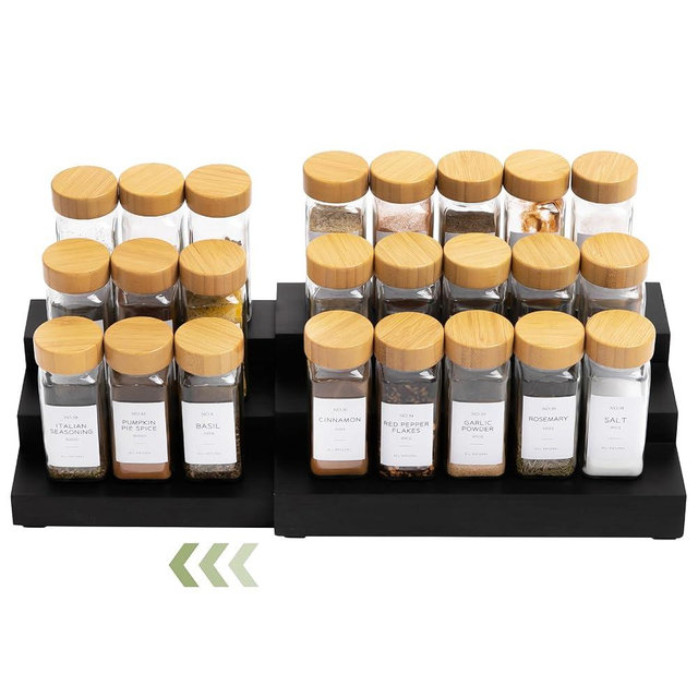 KitchenEdge Expandable Spice Rack Organizer for Cabinet, 3-Tier Shelf for Spice Organization (11” to 22”), Fits 36 Spice Jars, Seasoning and Pantry Storage, Non-Slip Feet, 100% Bamboo, Black Finish