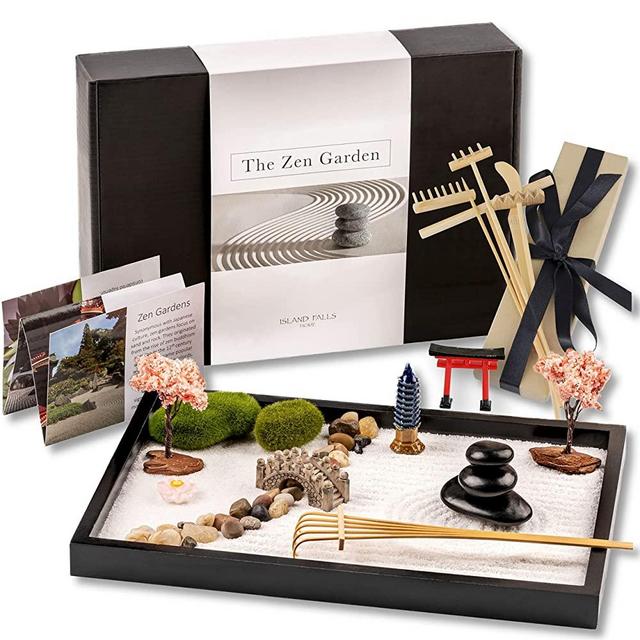Island Falls Home Zen Garden Kit 11x8 inch Beautiful Premium Japanese Mini Rock Garden Gift Set. Home, Office Desk Accessories. Zen Sand Garden, 6 Tools, 12 Features. Desktop Meditation Decor Home