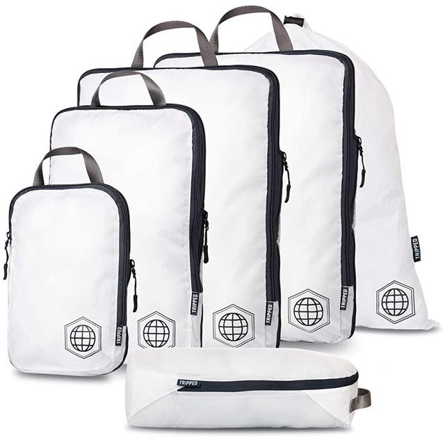Extra Large Compression Packing Cubes for Travel-Extra Large Packaging Cube Luggage Organizers 6 Piece Set-Ultralight, Expandable/Compression Bags for Clothes (White/Grey)
