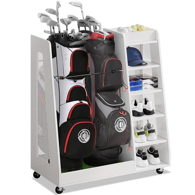 DWVO Golf Bag Organizer for Garage, Wooden 2 Golf Bag Stand Holder with Wheels, Golf Storage Organizer for Golf Bags, Clubs, Balls and Other Equipment Accessories