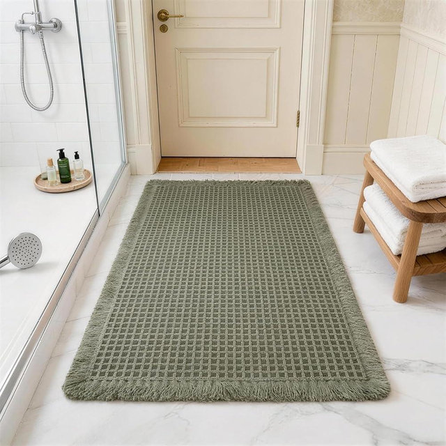 ZVFFDG Waffle Bathroom Rugs, Non Slip Absorbent Waffle Bath Mats for Shower Floor, Tub and Bathroom Door, Ultra Soft Quick Dry, Olive Green, 18"x30"