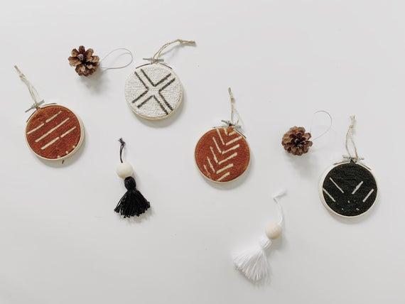 Set of 4 Terracotta Mudcloth Ornaments