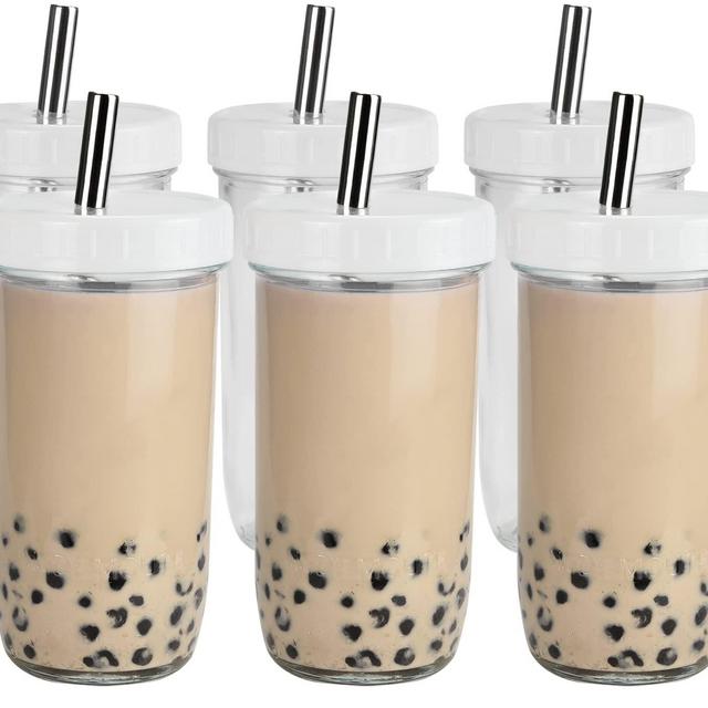 Bubble Tea Cups 6 Pack 24 oz, Reusable Wide Mouth Smoothie Cups, Iced Coffee Cups With White Lids and Silver Straws Mason Jars Glass Cups, Travel Glass Drinking Bottle