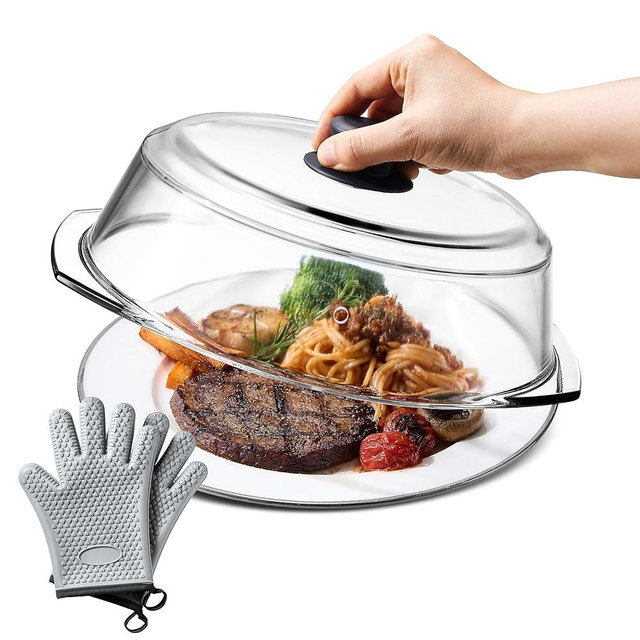 BLAKNA Glass Microwave Splatter Cover for Food Plates & Cookware with Oven Mitts, Borosilicate Glass Splatter Lid Guard with Vent Hole & Easy Grip Silicone Handle, 100% BPA Free & Dishwasher Safe