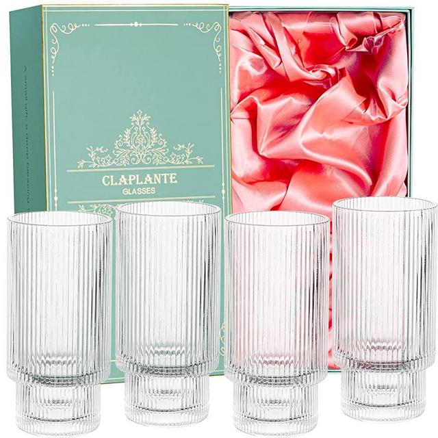 Highball Glasses Gift Box Set,Vintage Drinking Glasses, Claplante Origami Style 4 pcs Glass Cups, Elegant Ripple Glassware,Ribbed Glasses, Iced Coffee Glasses, Ideal for Cocktail, Whiskey, Juice