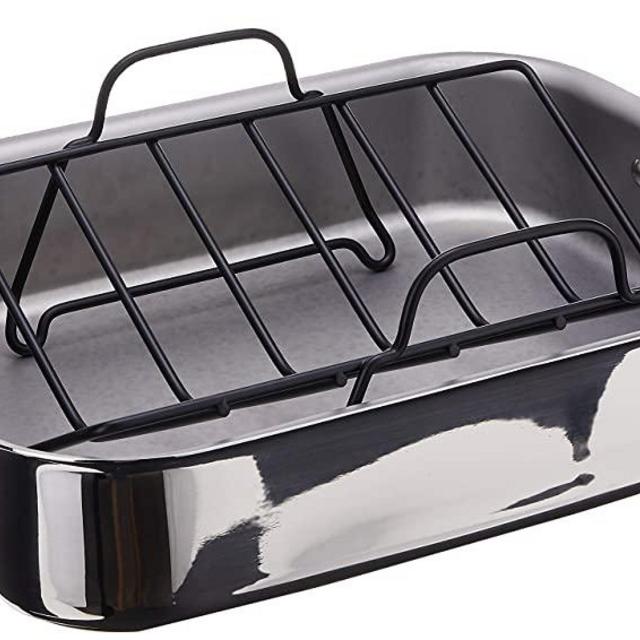 Mauviel Made In France M'Cook 5 Ply Stainless Steel 15.7 by 11.8-Inch Rectangular Roasting Pan and Rack with Cast Stainless Steel Handles