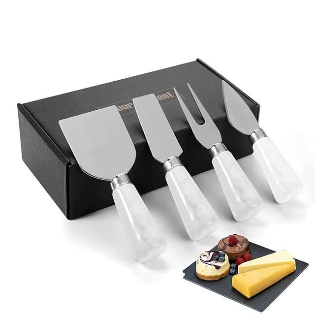 4PCs Cheese Knife Spreader Set with Marble Handle, Cute Cheese Knives Cutter Slicer for Marble Cheese Board, Spatula for cheese Board Accessories, Gift for Party, Thanksgiving - Silver