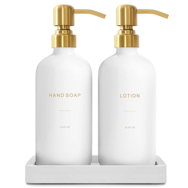 Prus Waso Gold Soap Dispenser Bathroom Set, Glass Hand Soap Dispenser, and Lotion Dispenser with Gold Stainless Steel Pump, Perfect for Modern Bathroom Decor. (Gold)