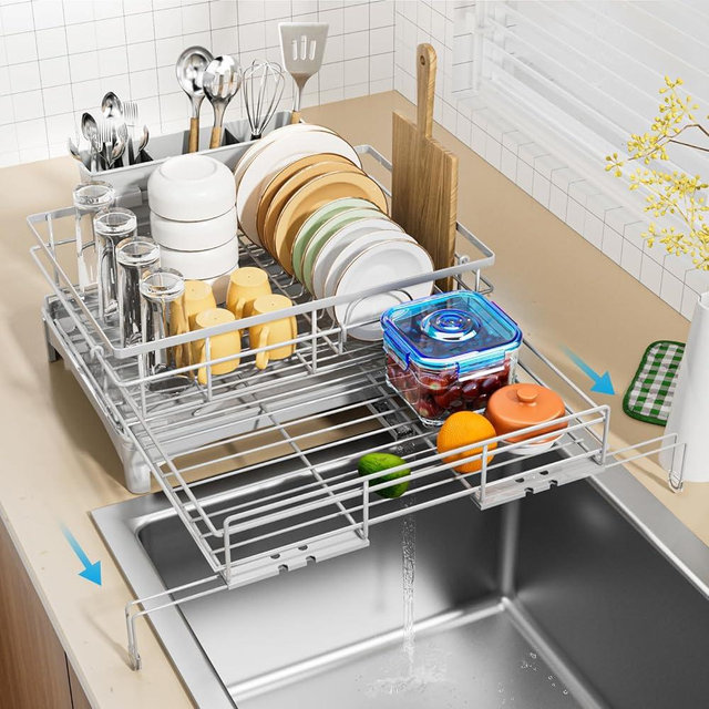 Laveshop Dish Drying Rack - Expandable Dish Rack, Large Capacity Dish Drainer for Kitchen Counter, Rust-Proof with Utensil Holder, Gray
