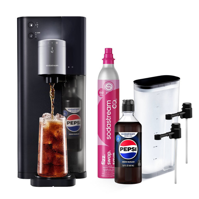 Sodastream 14.9 fl oz Fountain Sparkling Drink Maker with CQC CO2 and Water Tank Pepsi Zero Drink Mix Black/Silver