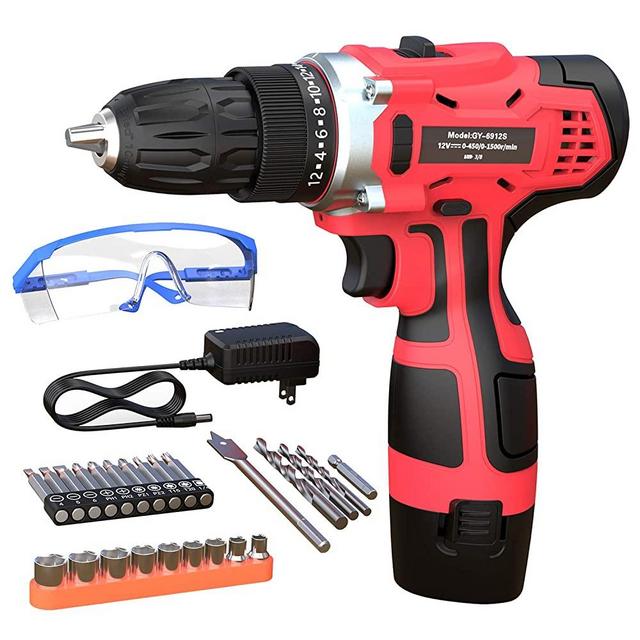 GardenJoy Electric Power Drill Cordless: 12V Impact Drill Driver Set with 2 Variable Speed 3/8'' Keyless Chuck 24+1 Torque Setting 1 Battery Fast Charger Power Tool Kit for Home Improvement