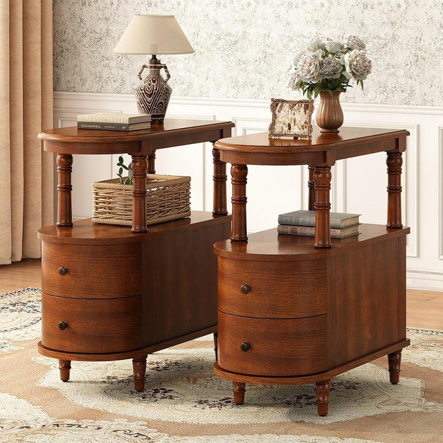 PADMA HOUSE Set of 2 Solid Wood End Table with 2 Drawers, Narrow Sofa Side Table Slim Chair Side Table with Storage Shelf, Vintage Slim Nightstand Bedside Table, Beewax Tone，BG-A508-MG