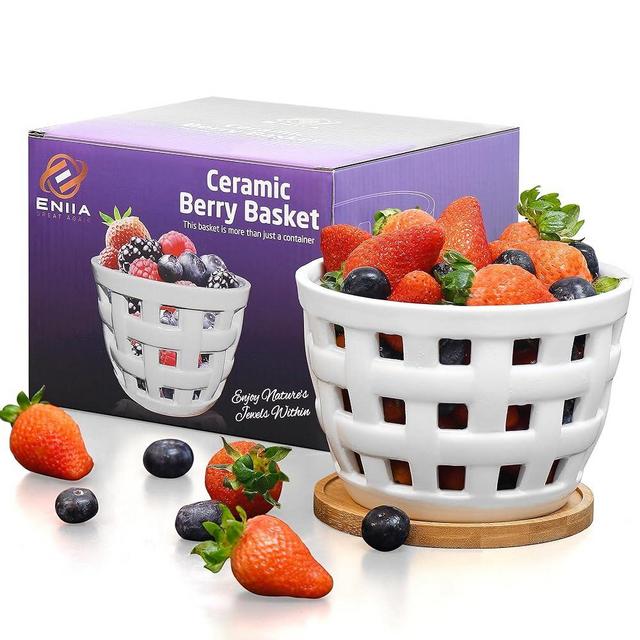 Ceramic Berry Basket,Round Fruits bowl with holes Fruits basket for fridge,6.1" colander For Kitchen,Cute Small Container For Berries,strawberry,Grape,tomato,Cherries,White Stoneware decor,Eggs Basket