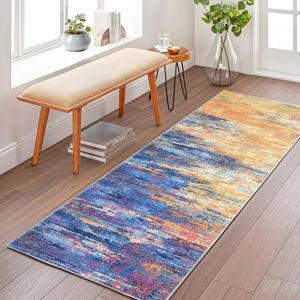 ROYHOME Washable Runner Rug 2x6 Modern Abstract Kitchen Rugs, Non Slip Bathroom Rug, Low Pile Laundry Room Soft Long Carpet for Hallway Bedroom Entryway, Blue/Orange