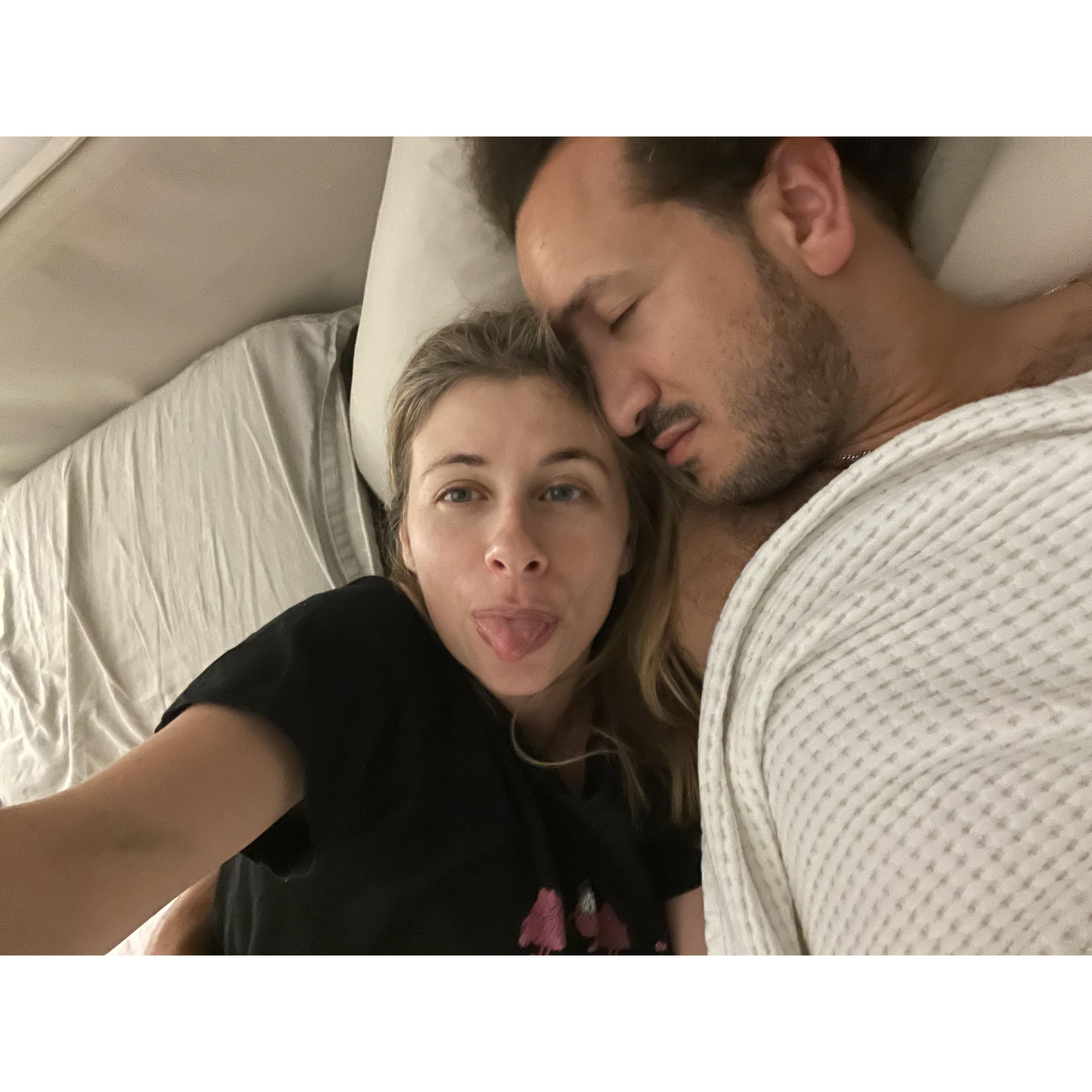 Cuddles in bed (Aviel is asleep here, and Sarah snapped the picture!)