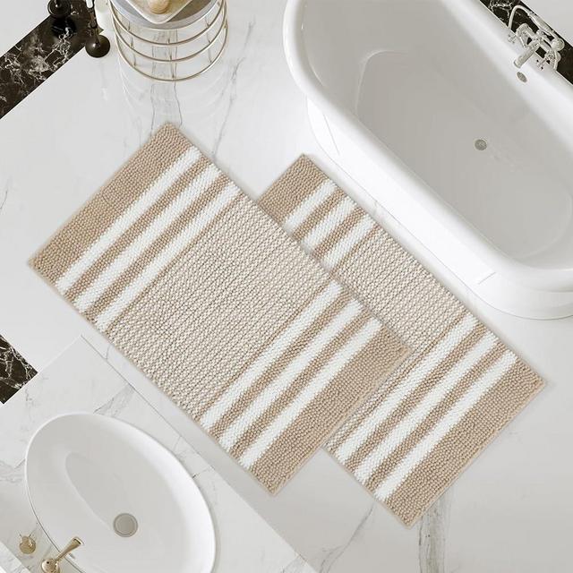 Tindbea Bathroom Rugs Set 2 Piece, Extra Soft and Absorbent Fluffy Striped Chenille Bath Mat Rug Set, Non Slip Bathroom Floor Mat, Machine Washable (20" x 32" Plus 20" x 32", Khaki)