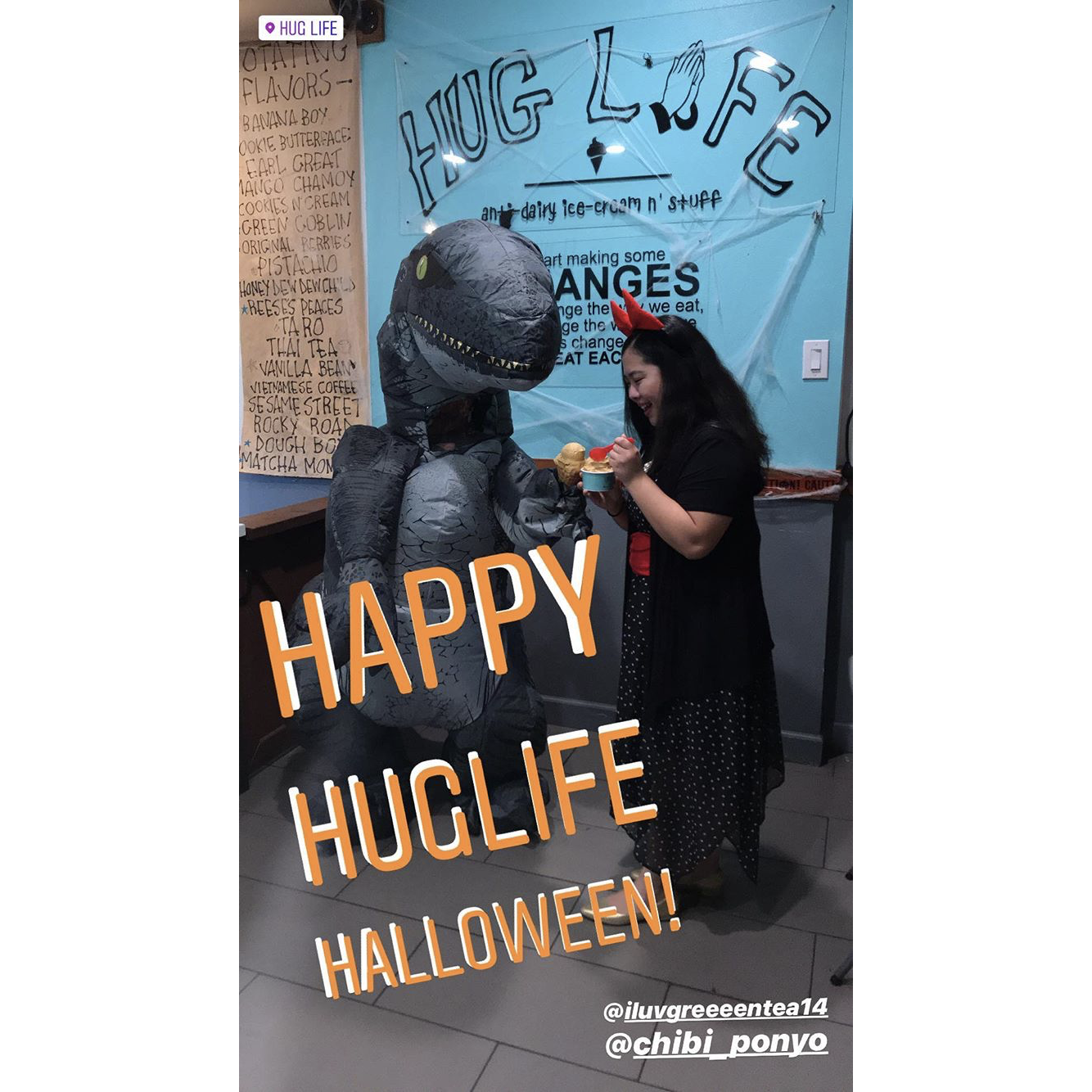 Kalia and Nicole getting dairy free ice cream from their favorite ice cream shop, Hug Life, on Halloween. They got a discount for showing up in costume!