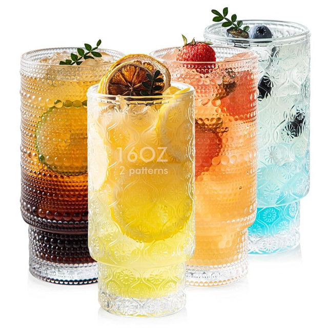 POLIDREAM 16oz XL Drinking Glasses Set of 4, 𝗨𝗻𝗶𝗾𝘂𝗲 𝗖𝗼𝗺𝗯𝗶𝗻𝗮𝘁𝗶𝗼𝗻 2 Vintage  Hobnail Beaded & 2 Embossed Stackable Pattern Style, Glassware Makes A Great Hostess Gift