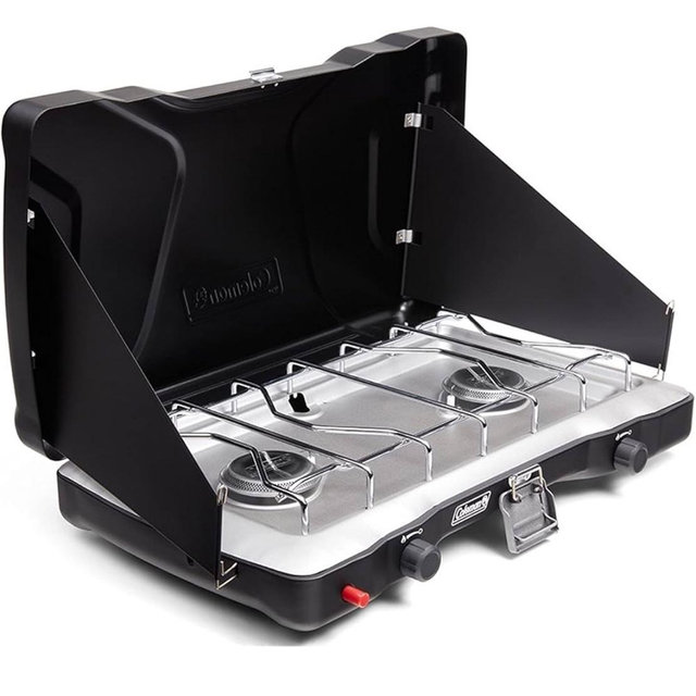 Coleman Triton+ 2-Burner Propane Camping Stove, Push-Button Instant Ignition, Portable Camp Grill, Adjustable Burners, Wind Guards, 22,000 Total BTUs of Power, Beach Cookouts, Backyard BBQ,Tailgating