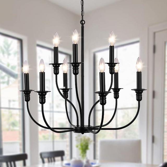LASENCHOO 9-Light Matte Black Farmhouse Chandelier for Dining Room Light Fixture Hanging, Industrial Candle Pendant Light Rustic Chandelier for Living Room Foyer Bedroom Kitchen Island Lighting