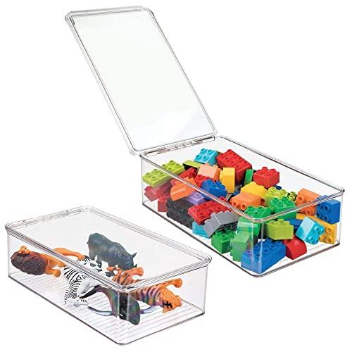 mDesign Stackable Plastic Storage Toy Box Bin with Lid - Container for Organizing Child/Kids Action Figures, Crayons, Markers, Building Blocks, Balls, Puzzles, Crafts - 3" High - 2 Pack - Clear