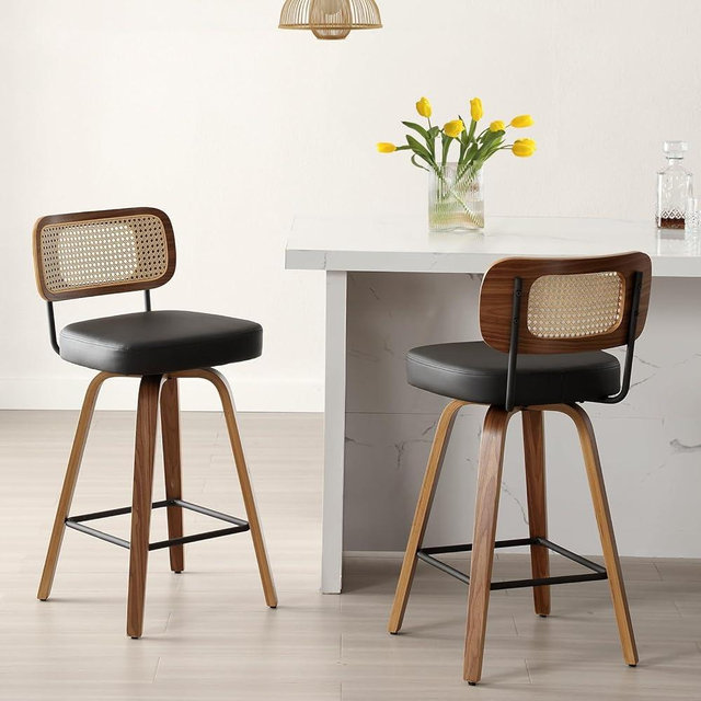 Bekrvio Swivel Counter Height Bar Stools Set of 2, 26" Upholstered Faux Leather Barstools with Rattan Back,Wooden Legs, Bar Chairs Island Stools for Kitchen Counter, Black