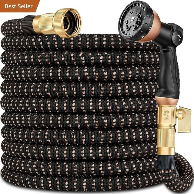 100 ft Expandable Garden Hose w/10 Functions Spray Nozzle, Water Hoses with 3/4" Solid Brass Connector, Flexible Lightweight Hose Expanding Water Pipe for Car Washing, Gardening（Black Gold）