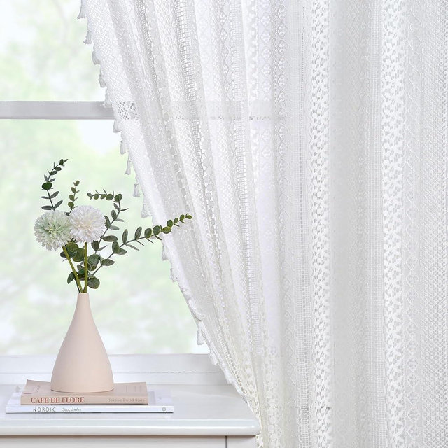 JOOJA Crochet Boho Lace Sheer Curtains 2 Panels Macrame Farmhouse Vintage Bohemian Window Drapes 59 x 96 Inches for Bedroom Living Room White