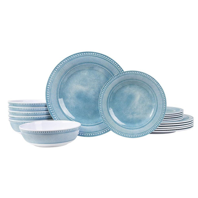 AELS Melamine Dinnerware Set of 18 Pcs, Dinner Dishes Set for Indoor and Outdoor Use, Melamine Plates and Bowls Set for 6, Dishwasher Safe, Lightweight Unbreakable, BPA Free, Blue
