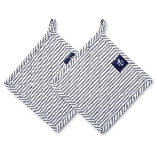 Encasa Homes 8 inches Oven Microwave Potholders (2 pc Set) for Kitchen Cooking & Baking - Heat Resistant, Thick & Safe, Protection of Hands from Hot Utensils - Ticking Navy Blue