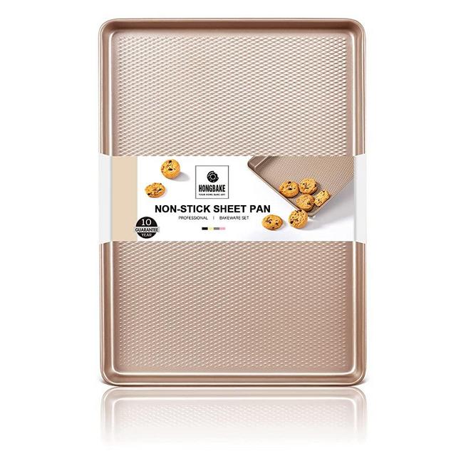 Jelly Roll Baking Sheet Pan - HONGBAKE Commercial Cookie Sheet for Baking with Diamond Texture Surface, 57% Thicker Carbon Steel Nonstick Cooking Tray for Oven, Champagne Gold