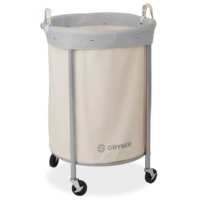 Dryser Round Commercial Heavy-Duty Rolling Laundry Hamper, Steel Frame Cart on Wheels with Removable Canvas Bin for Hotel or Home - White
