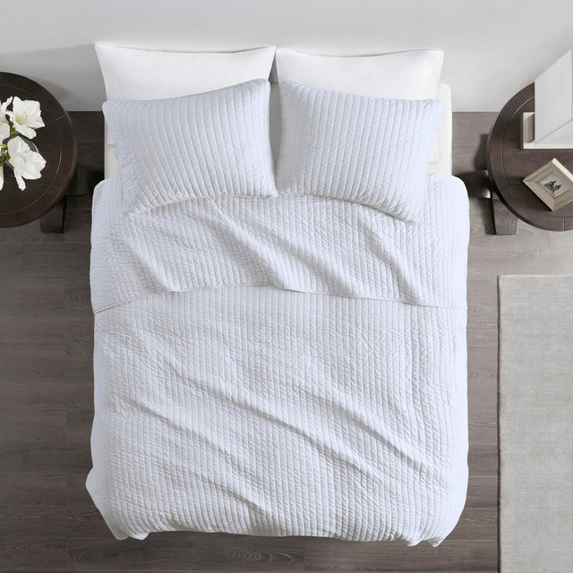 White Khaki Mitchell Solid Brushed Fabric Quilt Set King 3pc