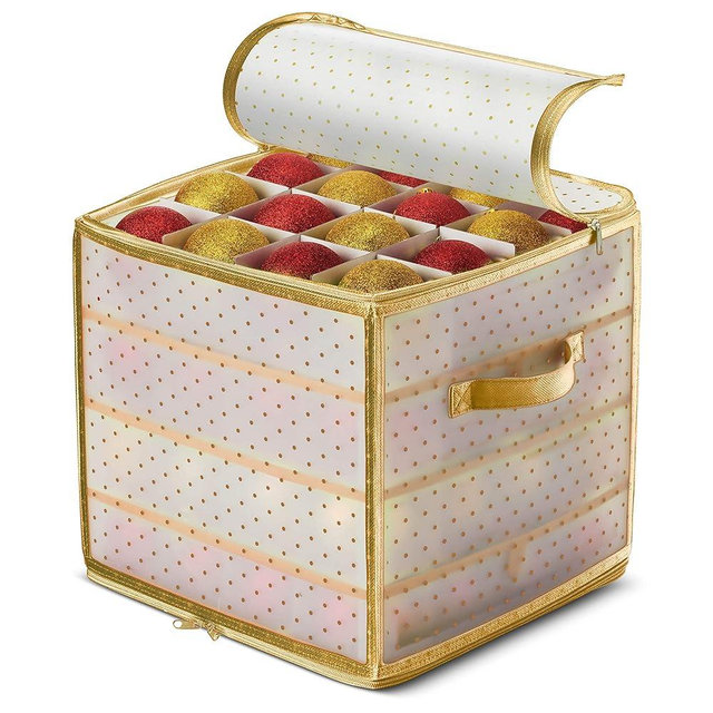 ZOBER Christmas Ornament Storage Box Plastic - Stores 64 3" Ornaments with Individual Trays - Ornament Organizer Storage Box, Durable Christmas Containers Holder - Gold