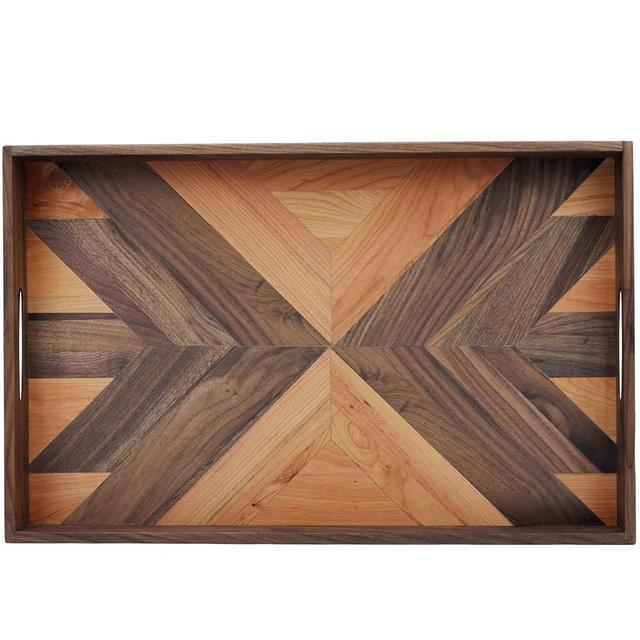 MAGIGO 22 x 14 Inches Large Rectangle Black Walnut Wood Ottoman Tray with Handles, Serve Tea, Coffee, Classic Wooden Decorative Serving Tray, Striped with Cherry Wood