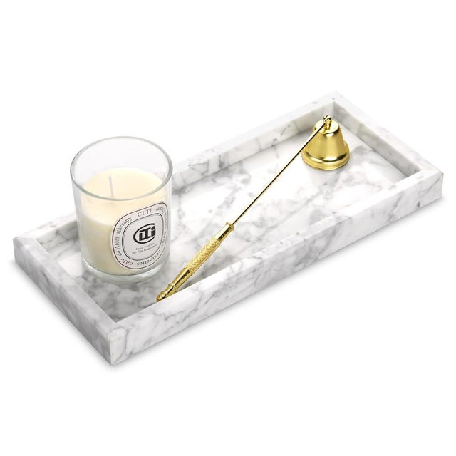HESHIBI Marble Bathroom Vanity Tray,Luxury Natural Stone Small Decorative Tray,Soap Dispenser Dresser Top Perfume Home Kitchen Toilet Tank Sink Tray for Soap Bottles, Trinket Ring Dish (Carrara White)