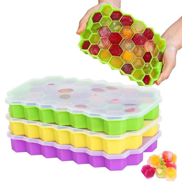 SKYCARPER Ice Cube Tray Silicone, Ice Trays for Freezer with Lid (BPA Free), Flexible & Easy-Release Honeycomb Ice Cube Trays Molds for Cocktail Whiskey, Drinks