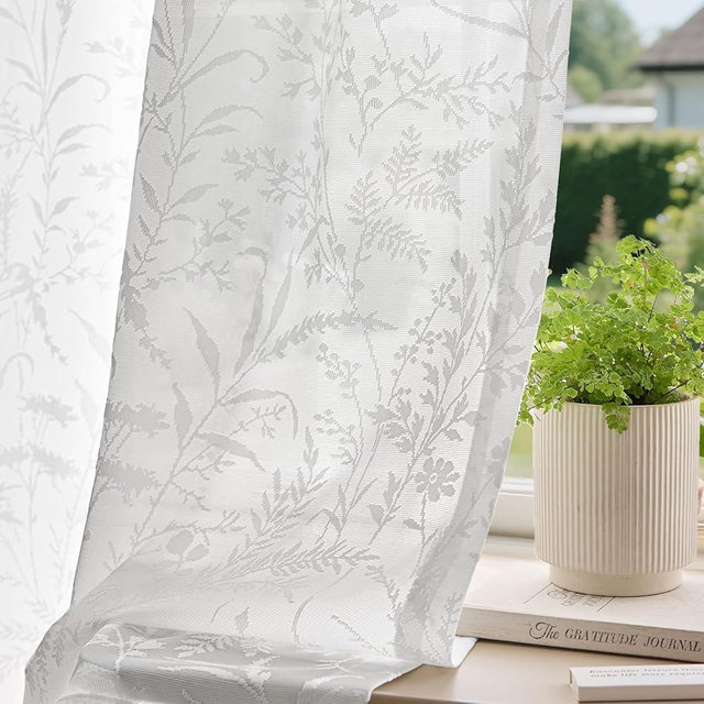 Anmao White Semi Sheer Light Filtering Curtains 63 Inches Long 2 Panels, Leaf Pattern Drapes for Living Room Bedroom, Rod Pocket Sheer Window Treatments with Floral Design, 52x63 Inch