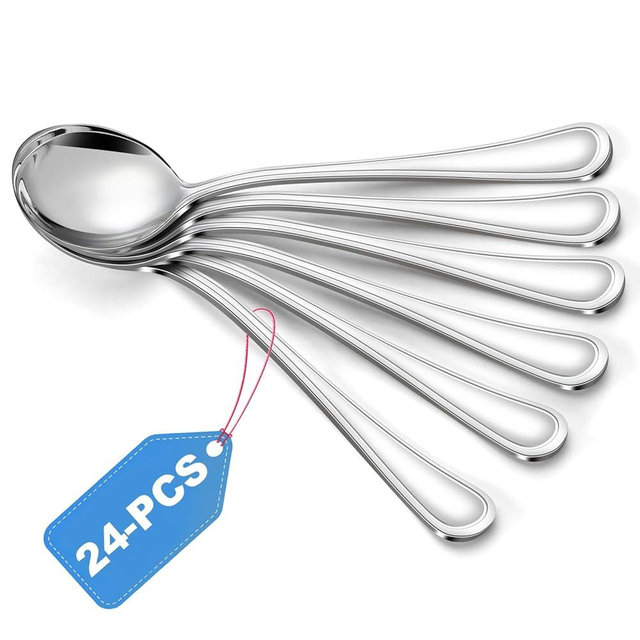Hunnycook Korean Spoons, 24 PCS - 6.9 Inch Round Stainless Steel Spoons, Silverware for Soup, Cereal, Dessert - Dishwasher Safe & Line Pattern