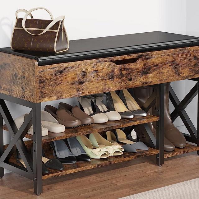 Shoe Bench, Lift Top Shoe Storage Bench, Adjustable Shelf Entryway Bench, Metal and Wood Shoe Rack Organizer with Cushion for Entry, Bedroom, Closet, Living Room, Hallway (Vintage Brown, 35.5"W)
