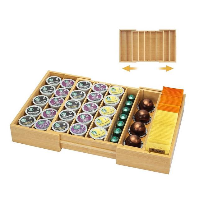 MinBoo Bamboo K Cup Holder for Drawer or Countertop Coffee Pod Holder Expandable K Cup Pod Storage Tea bag organizer K Cup Storage for Coffee Station Home Office and Kitchen