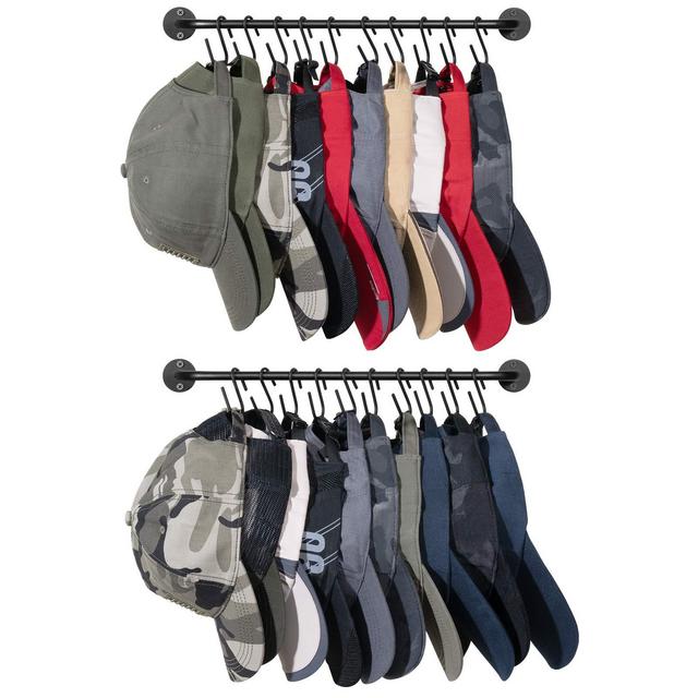 Hat Rack for Wall Baseball Cap Organizer Hanger with 20 Hooks Modern Metal Hat Holder Wall-Mounted Caps Display for Closet Door Bedroom Entryroom Laundry, Set of 2,Black