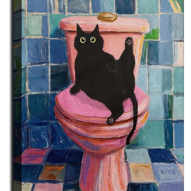 VOIKRTJX Funny Black Cat Bathroom Wall Art Pink Bathroom Canvas Painting Wall Decor Funny Animal Restroom Picture Prints Cat on Toilet Poster Painting for Restroom Bedroom 12x16 Inch Ready to Hang