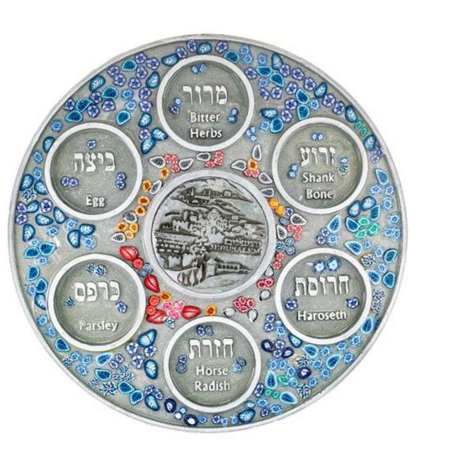 Passover Seder plate Jerusalem with blue flowers made of Polymer clay , polyester and mazak. Very suitable for the passover gifts