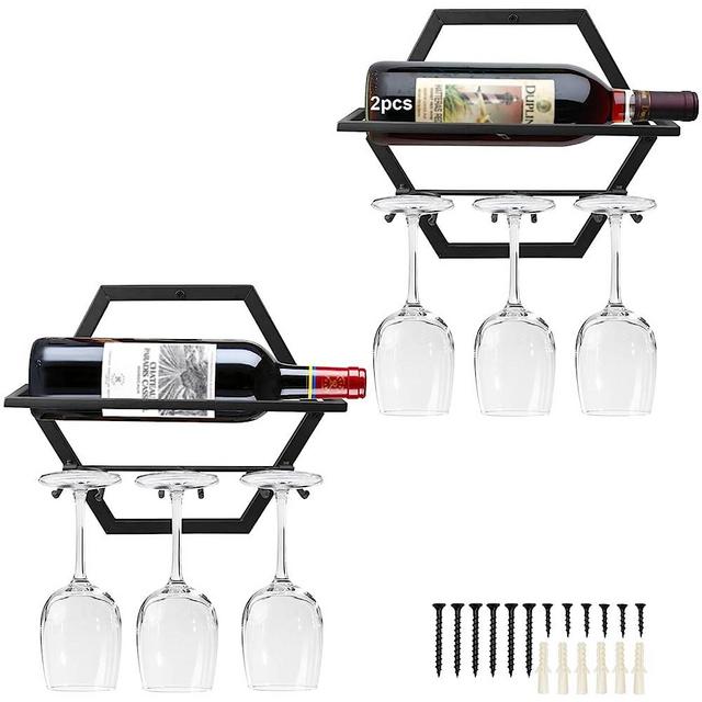 YALINKA 2Pcs Wall Mounted Wine Bottle Stemware Rack, Metal Hanging Wine Display Holder with 3 Stemware Glass Organizer, Red Wine Racks for Home Kitchen Bar Decor (Black) (A2)